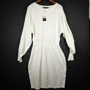NWT Mirol XL White Sweater‎ Dress Boat Neck Cinched Waist Dolman Balloon Sleeve